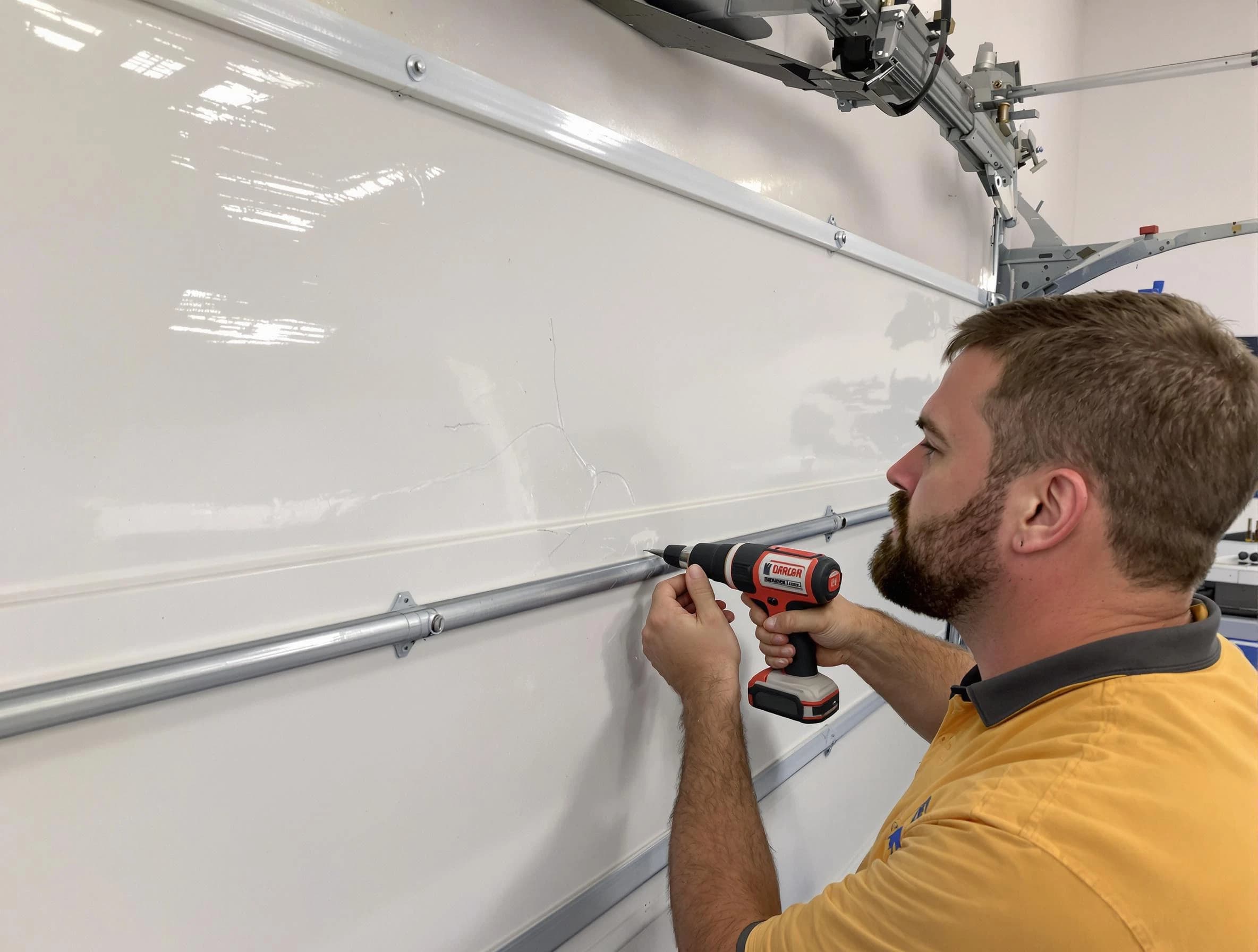 Haverhill Garage Door Repair expert performing dent repair on garage door in Haverhill